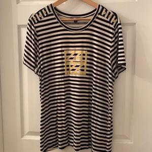 Anne Klein Sport top in black/beige with gold trim and buttons.